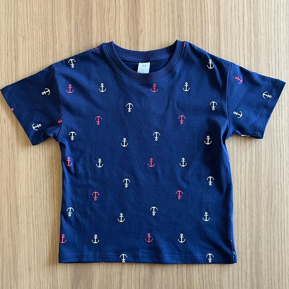 H&M, Nautical Anchor Print Navy Blue cotton T-Shirt, 3-4 year